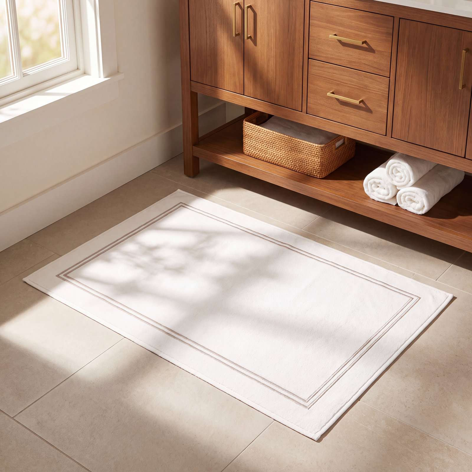 Classic Bath Mat, White/Khaki