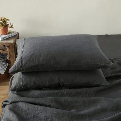 100% French Linen Pillowcase Set Of 2- Washed Solid Color Pillow Cases Embroidered