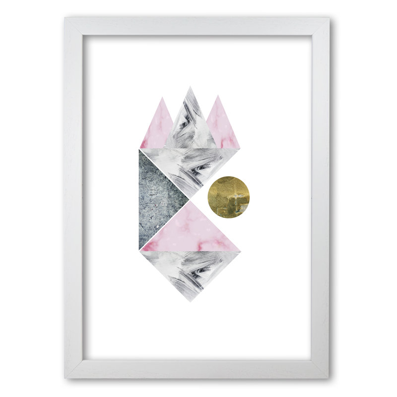 Pink And Grey Abstract Triangles - Print, White Grain Frame, 42 cm H x 30 cm W x 5 cm D