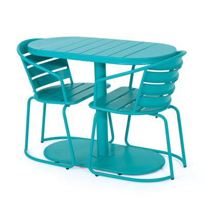 Ensemble bistro élégant pour l'extérieur - fer, bleu sarcelle, 2 chaises et table ovale pour le plaisir du fer arrière-cour mat