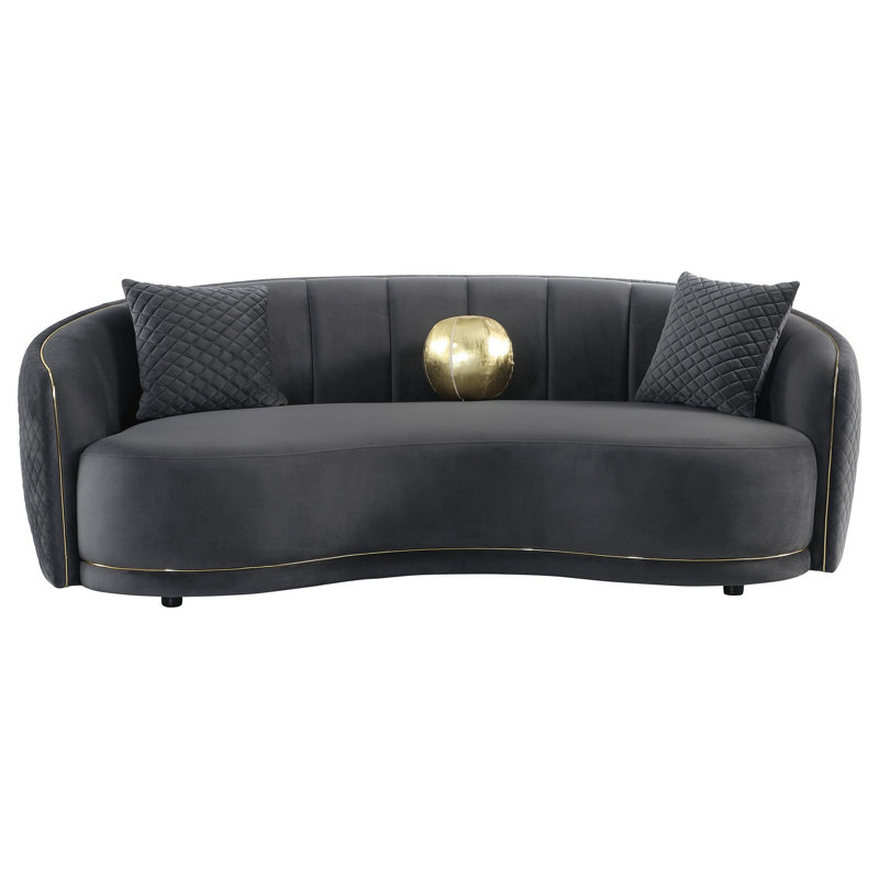 Canapé courbé Buo, 92 po, polyester gris foncé, bordure dorée, 3 coussins