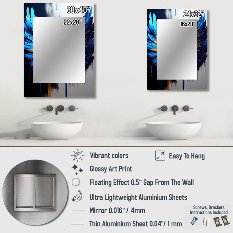 Blue And Gold Angel Wings I - Blue Glam Wall Mirror, 32" x 24"