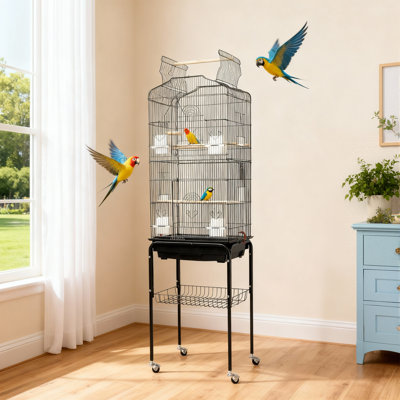 162cm Large Wrought Iron Bird Cage with Open Play Top – Flight Cage for Parrots, Conures, Cockatiels, Lovebirds, Parakeets, Budgies – Heavy-Duty Detachable Rolling Stand & Storage Shelf–Black Color