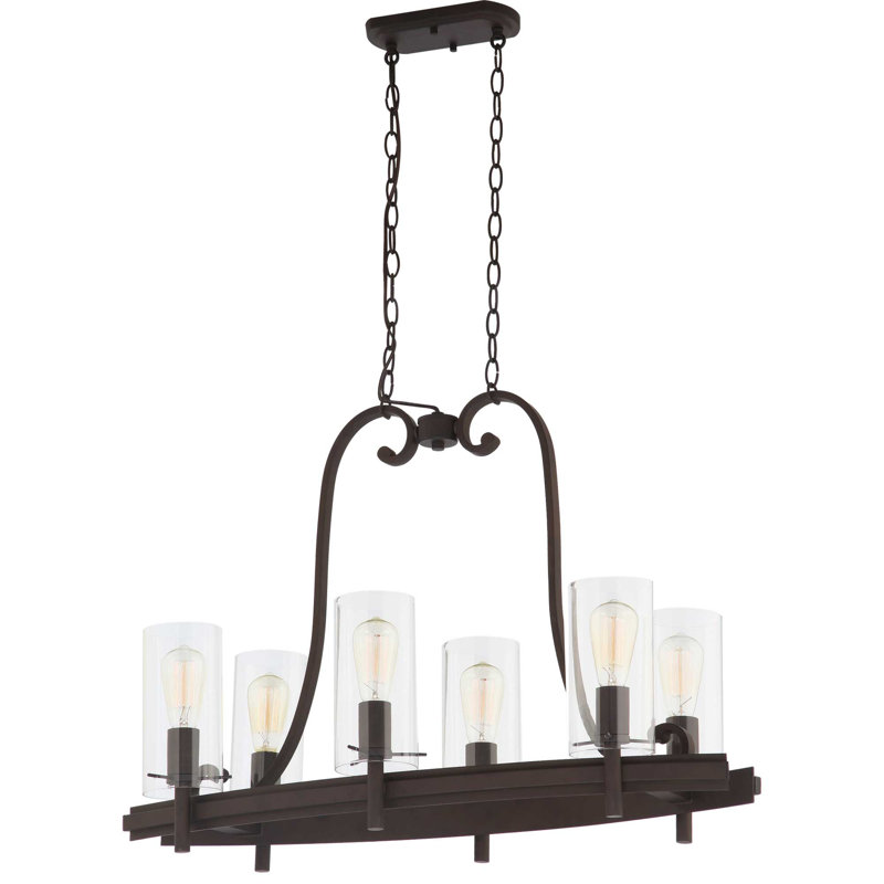  Lustre linéaire d'intérieur en bronze antique à 6 lumières Red Barrel Studio® 2026-79 Regina avec abat-jours cylindriques en verre transparent