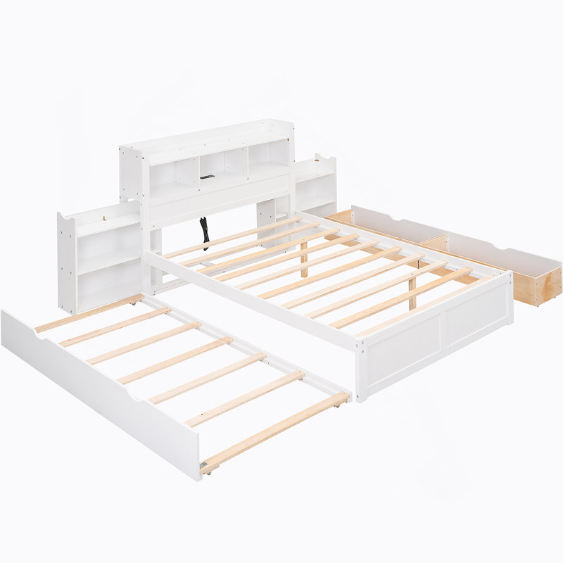 Lit plateforme avec rangement et tablettes coulissantes, lit gigogne simple et 2 tiroirs, Blanc