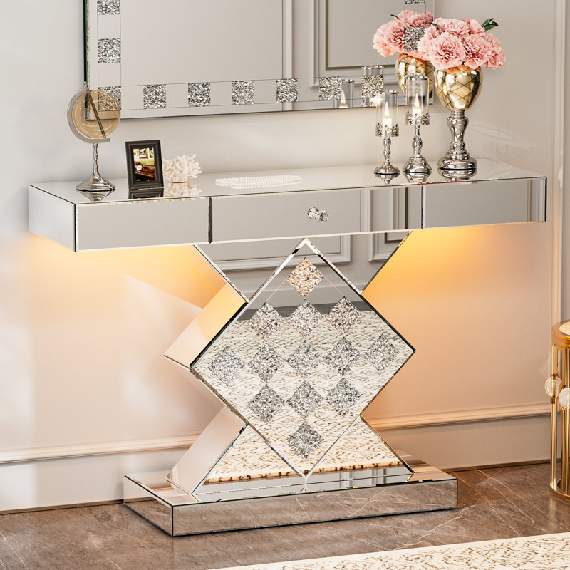 Silver Mirrored Console Table With Led Light, 47.2'' Long Entryway Sofa Table With Checkered-shaped Base, Modern Accent Narrow Table With Large Drawer For Living Room, Hallway, Foyer, Entrance