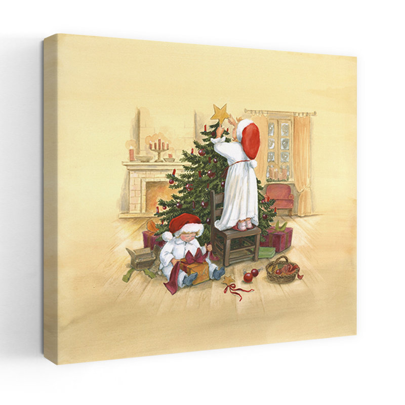Children Decorating Christmas Tree Traditional Abstract Contemporary Christmas Tree Winter Landscape Wall Art Print