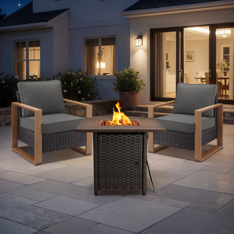 Drazen 2 - Person Patio Furniture Set With Fire Pit Table, All-Weather Wicker Outdoor Conversation Set With Chair And Thick Cushions