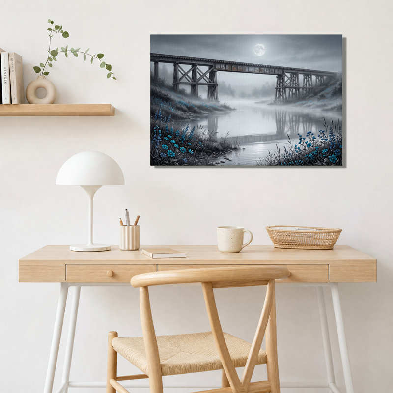 Tableau sur toile représentant un pont de bois au clair de lune orné de fleurs bleues, 16"H x 24"W