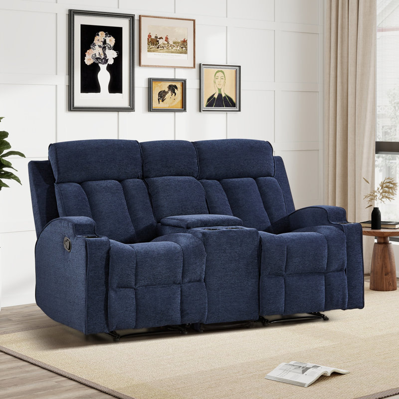 Causeuse inclinable manuelle de 67,32 po de largeur avec porte-gobelets doubles et console centrale, Blue