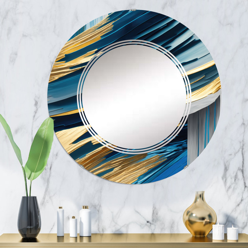 Percey Bold Blue Brush Strokes II - Miroir mural moderne en spirale, 32 po x 32 po