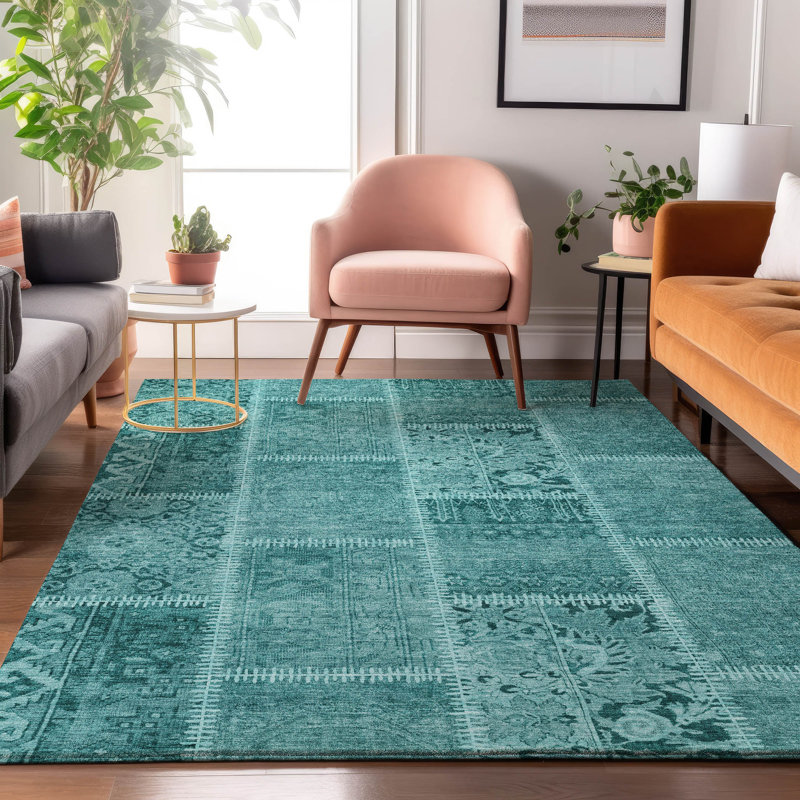 Tapis turquoise Cerrito lavable à la machine de qualité supérieure, Rectangle 10 pi x 14 pi