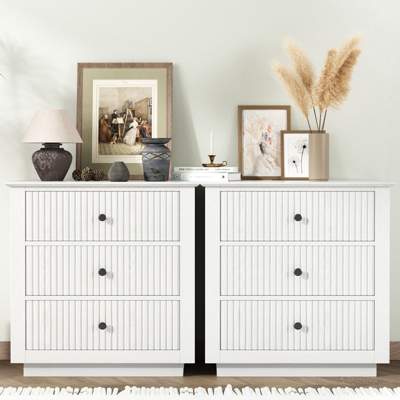 Commode 3 tiroirs l 24 po en bois massif avec prises intégrées (ensemble de 2), Blanc