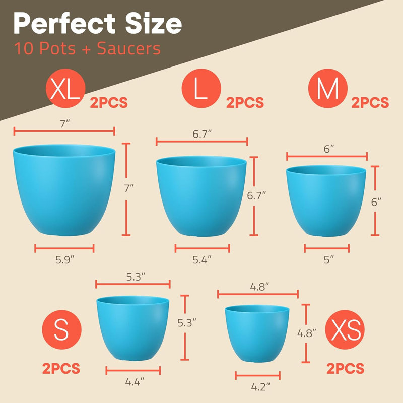 Pots à fleurs avec trous de drainage - Pots légers, durables et peu encombrants pour l'intérieur et l'extérieur - Fonctionnalité polyvalente, conception moderne simple, ensemble de 10 pots à fleurs en plastique - bleu