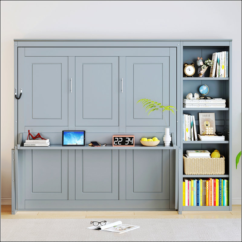 Grand lit escamotable avec bureau et bibliothèque, Gris, Grand lit