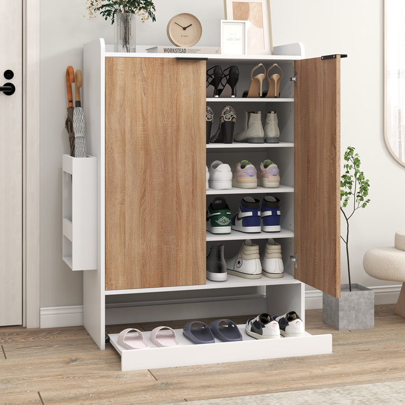 Range-chaussures multifonctionnel à 6 niveaux avec porte-parapluies pour le rangement, Bois naturel