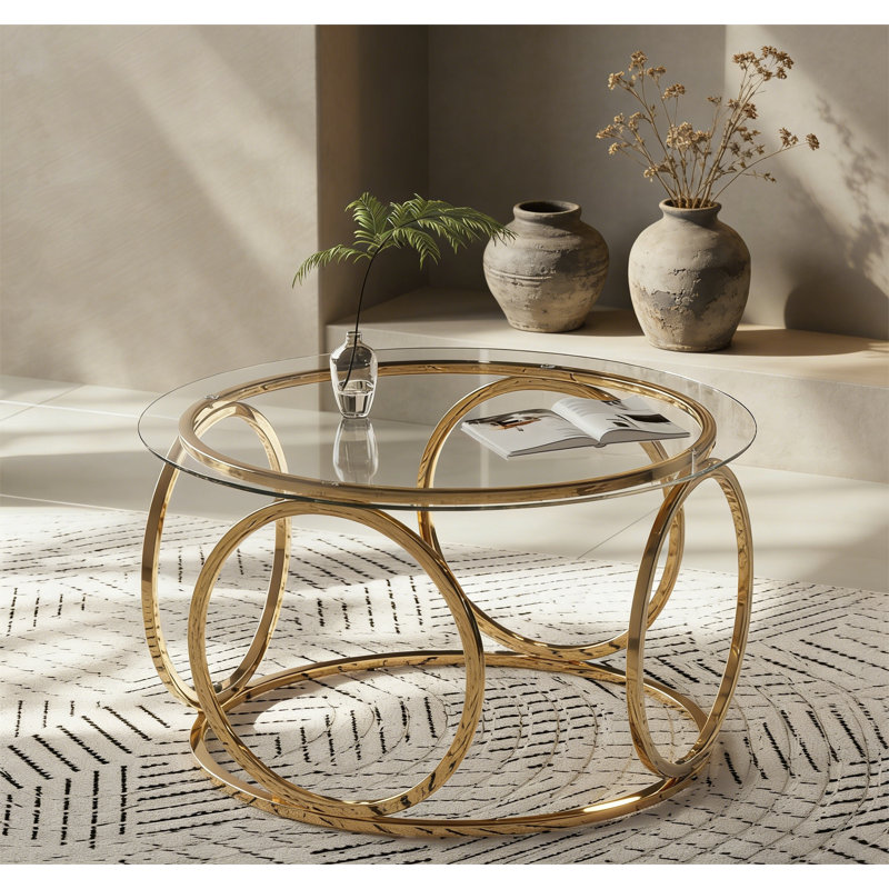 Table basse 31,5 "moderne avec plateau rond en verre et structure circulaire en métal, Doré