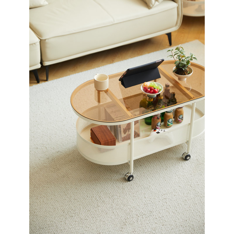 Movable Oval Metal Glass Coffee Table With Storage