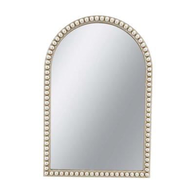 Arched Wall Mirror with Pearl Beaded Trim, Elegant Decorative Mirror for Living Room Bedroom Bathroom and Entryway.