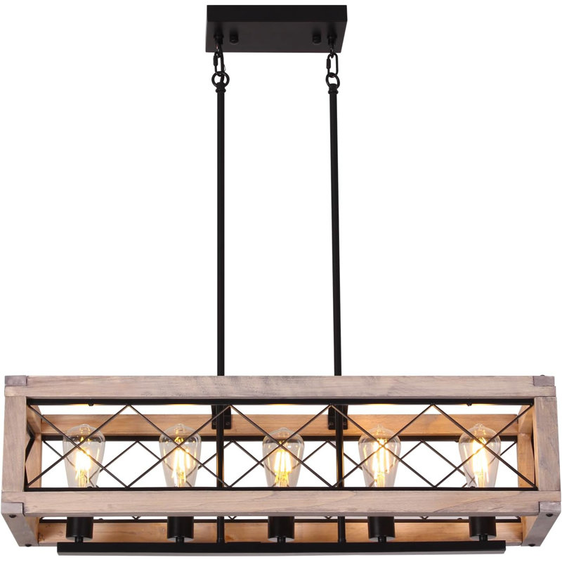 Farmhouse Chandelier Pendant Light, 5-Light Adjustable Height Wooden Black Ceiling Fixture For Kitchen Island, Dining Room, Pool Table, Rustic Modern Lighting