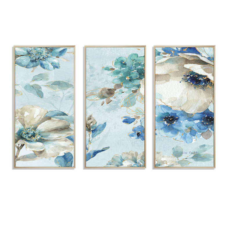 Indigold aquarelle, joli oiseau III - ensemble d'art mural sur toile encadré traditionnel de 3, H 28 po x l 36 po x P 1 po