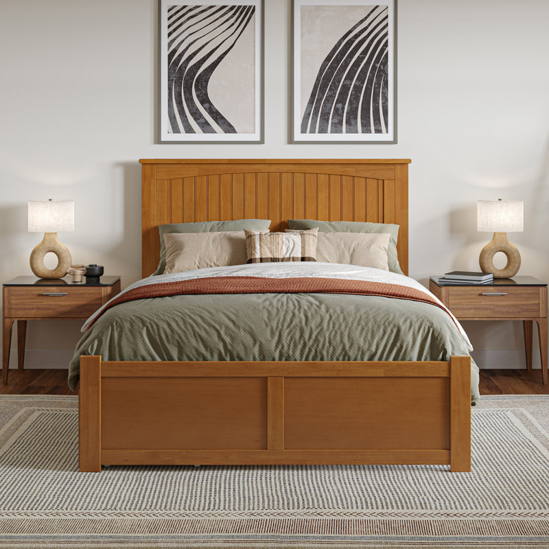 Lit plateforme en bois massif avec pied de lit et tiroirs de rangement Nantucket, Caramel clair, Double