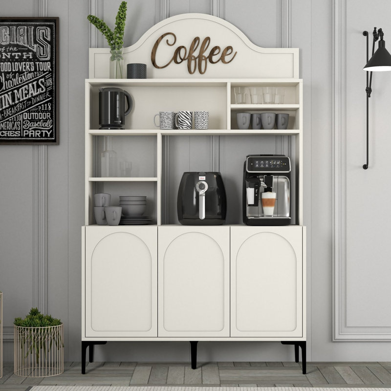Bar à café moderne, crème et noir, 47,2 x 79,5 x 13,8 pouces | 100% panneau de particules enduit de mélamine, épaisseur: 0,7 pouce | Plusieurs tablettes pour le rangement, design élégant pour la maison et la cuisine