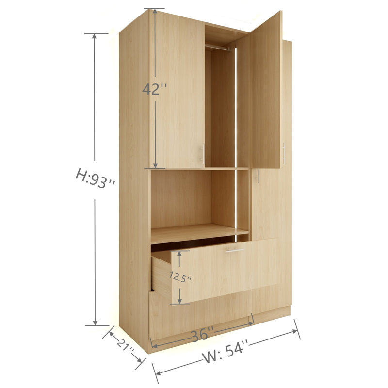 Armoire-penderie moderne avec tiroir blanc, Naturel, H 93 po x l 54 po x P 21 po