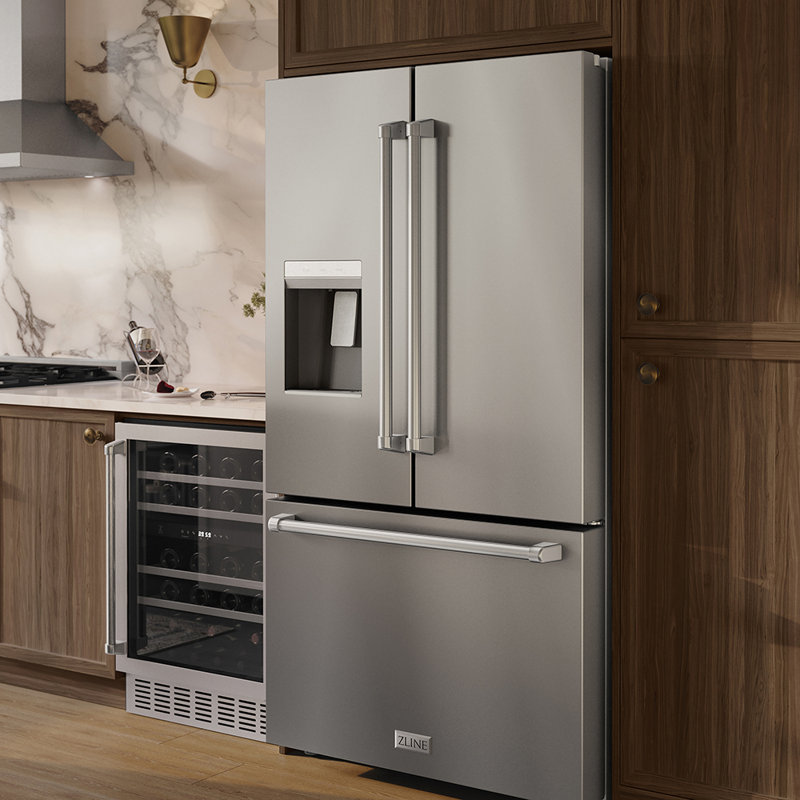 Zline 36 In. 28.9 Cu. Ft. Standard-depth French Door External Water Dispenser Refrigerator With Dual Ice Maker In Fingerprint Resistant Stainless Steel