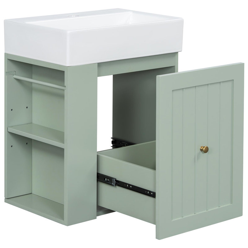 Meuble-lavabo mural 20 po avec lavabo, tablettes ouvertes et tiroirs, Vert