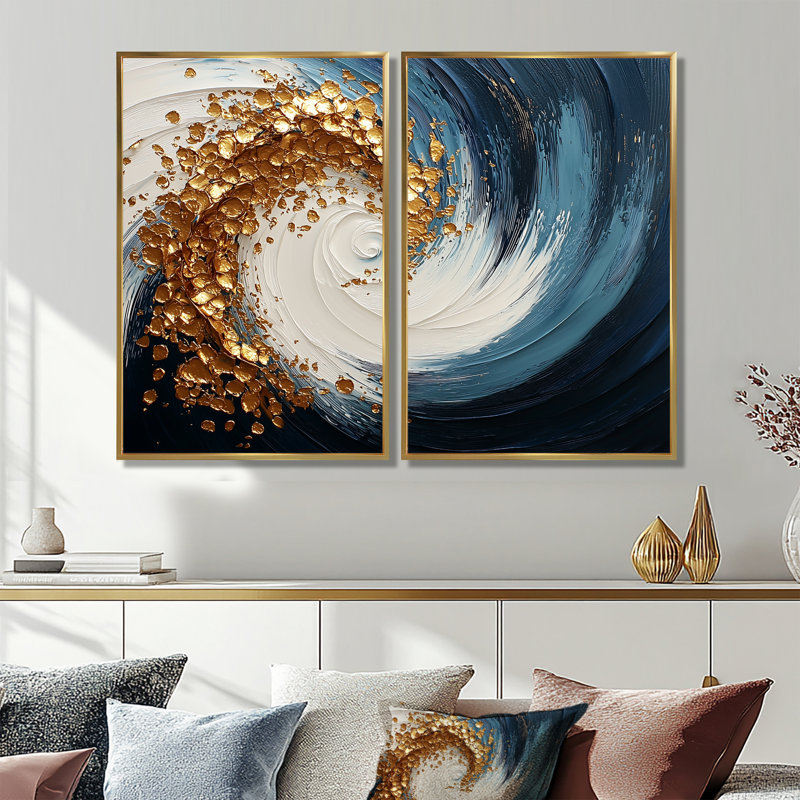 Art mural moderne blanc, bleu et or, "Maelstrom I" - 2 pièces, 36" H x 48" W, Impression encadrée flottante, Gold