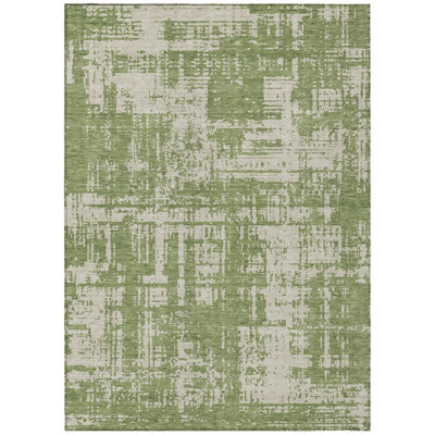 5' X 8' Green And Beige Abstract Washable Indoor Outdoor Area Rug