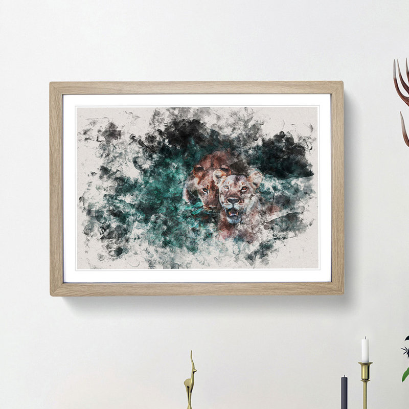 Two Lions In The Shadows Watercolour - Single Picture Frame Print on MDF, Oak Framed, 62cm H x 87cm W x 2cm D