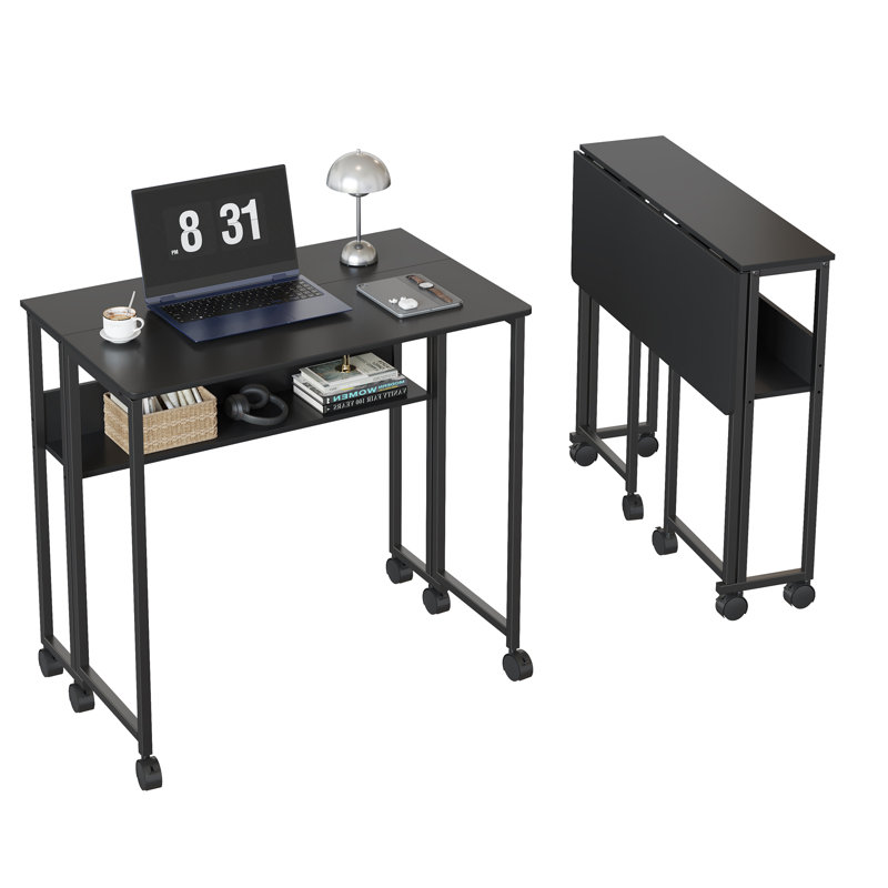 Space-Saving Folding Desk with Storage Shelf and Wheels – Sturdy Collapsible Computer Table – Easy Assembly – Compact Portable Writing Workstation for Home Office, Bedroom, Dorm
