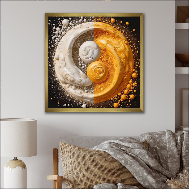 " White Yellow Yin And Yang ", 16" H x 16" W x 1" D, Gold Picture Framed