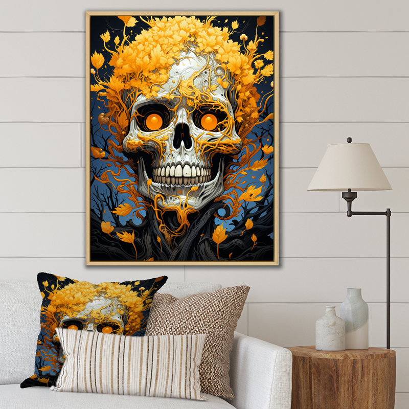 "Tête de mort souriante avec fleurs jaunes d'Halloween", reproduction sur toile, Cadre naturel flottant