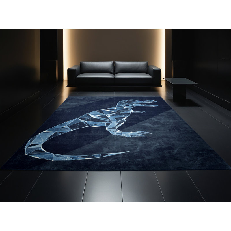 Tapis géométrique bleu lavable à la machine Ozgur Trex, 5 x 7