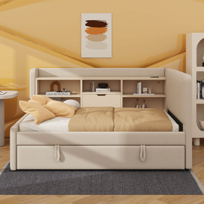Twin-Size Fabric-Upholstered Daybed With Trundle, Integrated Storage Racks, USB Charging Stations, And Power Outlets