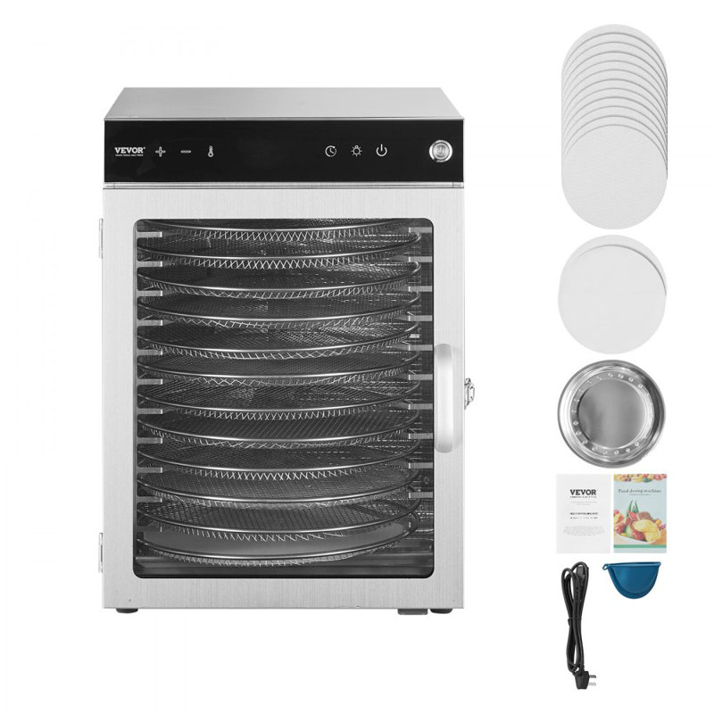 Déshydrateur alimentaire rotatif, 12 plateaux en acier inoxydable, séchoir électrique 800 W avec température réglable et minuterie de 24 heures, déshydrateur pour viande séchée, viande, fruits, légumes, herbes, friandises pour chiens