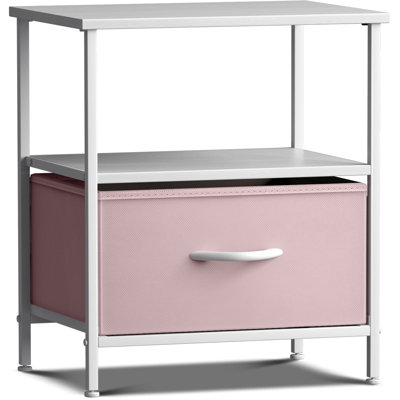 Table de chevet à 1 tiroir et tablettes Sorbus avec structure en acier, plateau en bois et bacs en tissu - rose