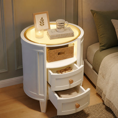 Table de chevet à 2 tiroirs avec lumière DEL et plateau en verre