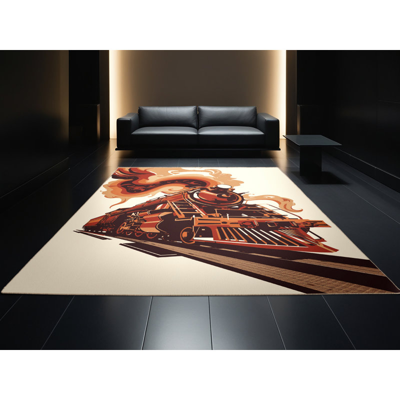 Machine Washable Daleville Old Mining Train Modern Rug in Beige – Beige Binding, 2x3