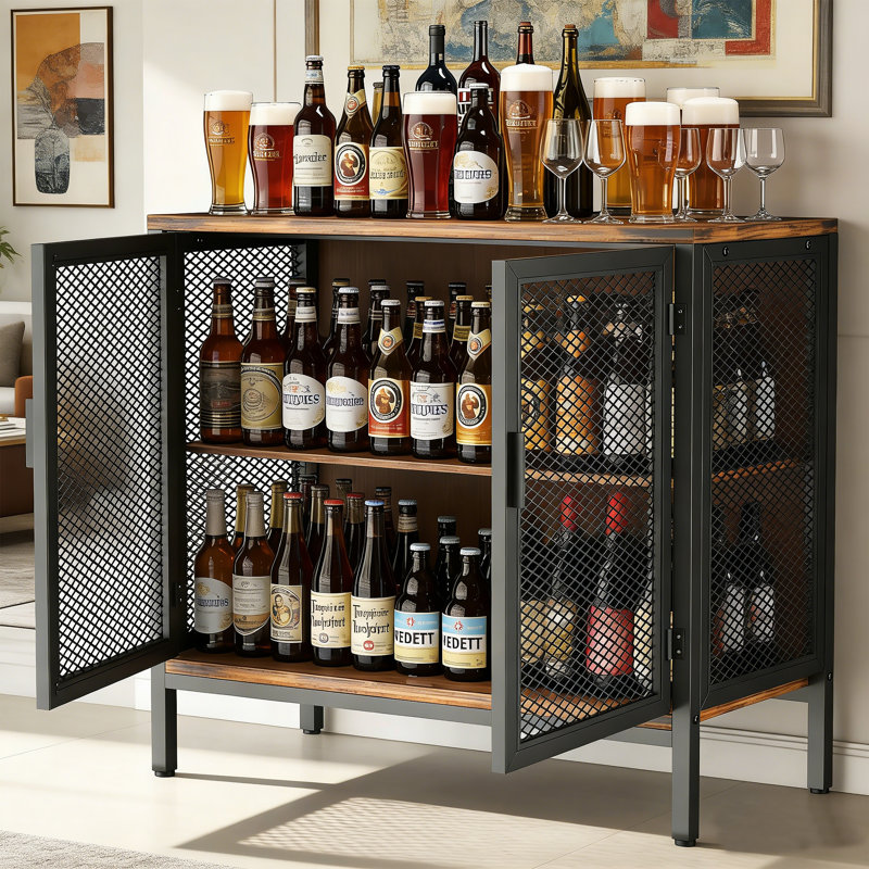 Bar industriel avec portes en maille métallique, bar à café 31,4 po et armoire à boissons alcoolisées pour la maison, tablettes réglables avec rangement en chêne rustique pour la cuisine, la salle à manger et le salon