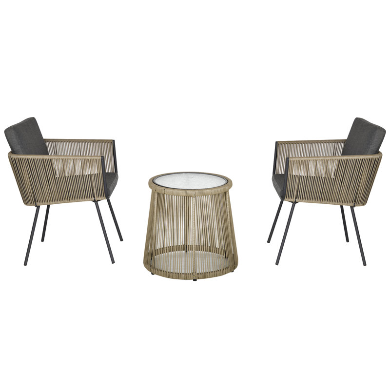 Ensemble de bistro en osier Kittitas avec 3 chaises et 1 table basse avec pieds en métal pour le jardin, la cour et la terrasse