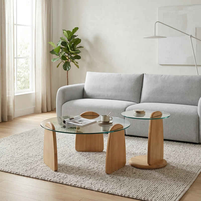 Forma Set of Two Wooden Coffee Tables with Tampered Glass Side Table, Oak