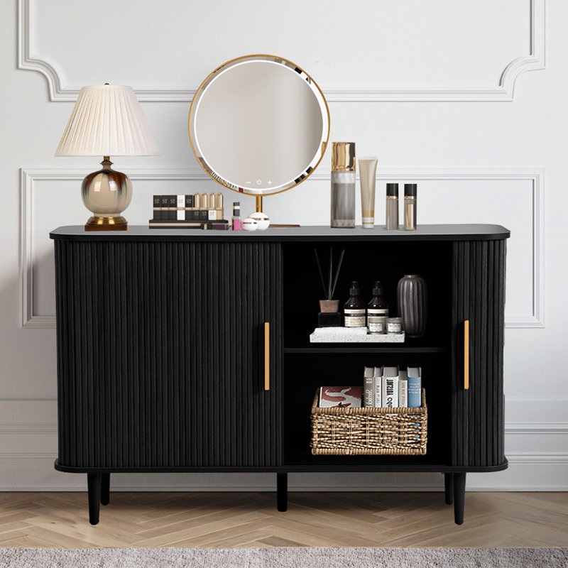 47" Sideboard Buffet Cabinet with Storage Cabinet with Tambour Slide Doors&Shelves, Fluted Storage Cabinet with Curvy Edge, Accent Console Buffet Cabinet,