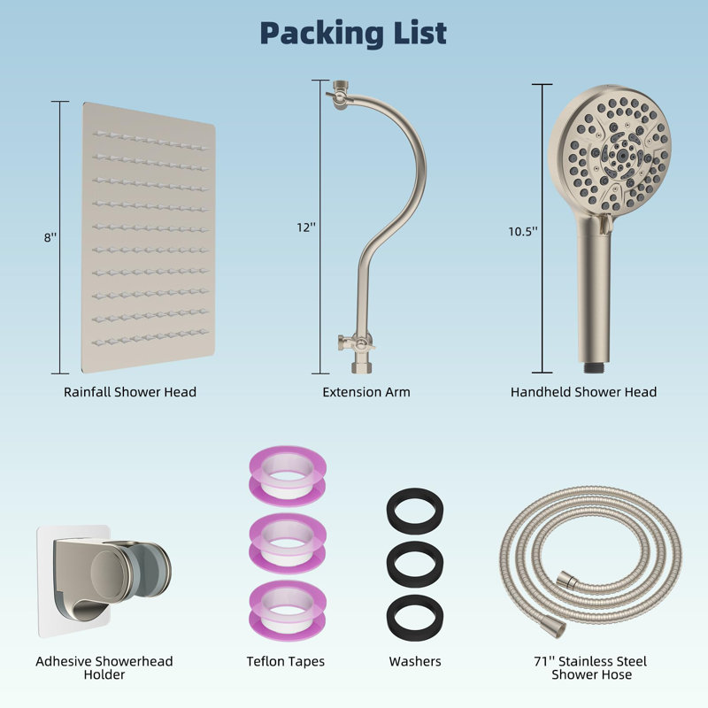 8'' High Pressure Rainfall Shower Head, With 12'' Adjustable Curved Shower Extension Arm, 10-Spray, 71'' Hose, Handheld Showerhead Combo