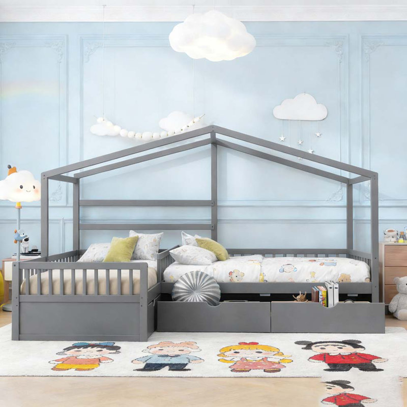 Lit plateforme simple avec trois tiroirs de rangement, Gris