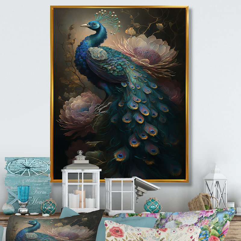 Peacock with Flowers - Print on Canvas, 20" H x 12" W, Floater Framed Print, Gold