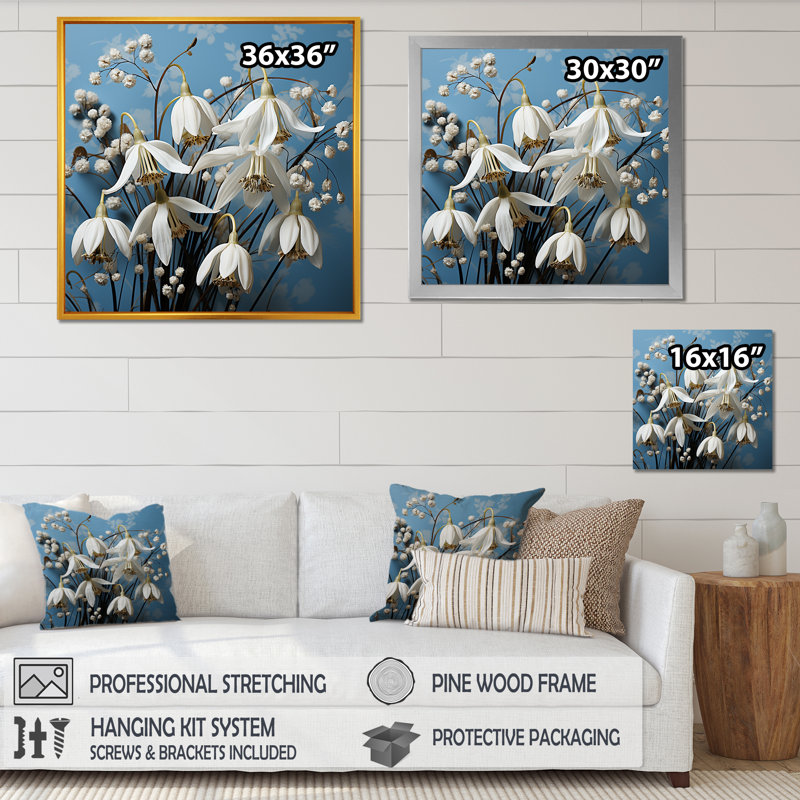 Minimalisme bleu et blanc «Snowdrops Bloom IV», reproduction sur toile, Cadre doré simple, H 16 po x l 16 po x P 1 po